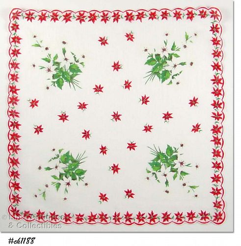 Vintage Christmas Hanky Red and White Poinsettias