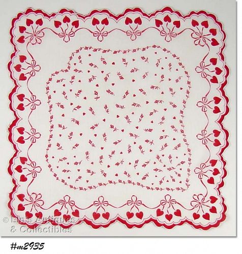 Vintage Valentine Hanky with Red Hearts and Rosebuds