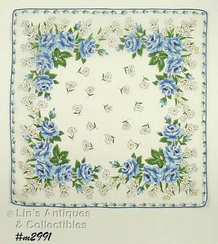 BLUE ROSES AND WHITE DAISIES HANDKERCHIEF