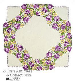 LOVELY HANKY WITH PURPLE TULIPS AND UNUSUAL SHAPE