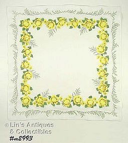 HANDKERCHIEF WITH YELLOW ROSES AND FERN FRONDS