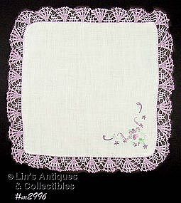 LINEN HANKY WITH PURPLE FLOWERS AND CROCHET EDGE