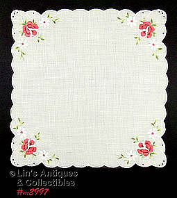 EMBROIDERED PINK ROSES AND WHITE DAISIES HANDKERCHIEF