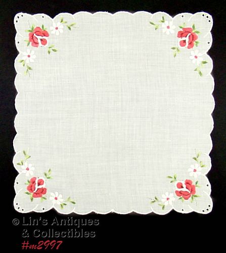 EMBROIDERED PINK ROSES AND WHITE DAISIES HANDKERCHIEF