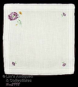 WHITE HANDKERCHIEF WITH EMBROIDERED PURPLE POPPIES