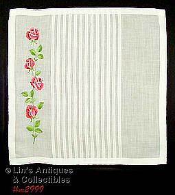 WHITE HANKY WITH EMBROIDERED PINK TRAILING ROSES