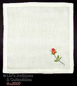 WHITE HANKY WITH EMBROIDERED SINGLE RED ROSE