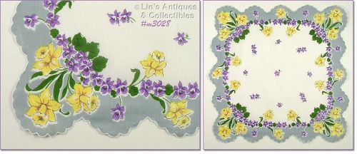 YELLOW DAFFODILS AND PURPLE VIOLETS VINTAGE HANKY HANDKERCHIEF