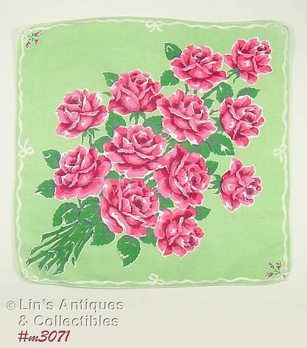 VINTAGE HANDKERCHIEF WITH BOUQUET OF ONE DOZEN PINK ROSES