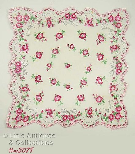 VINTAGE HANDKERCHIEF WITH RIBBONS AND PINK FLOWERS