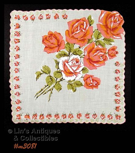 HANDKERCHIEF WITH BOUQUET OF ORANGE COLOR ROSES