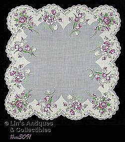 GRAY HANDKERCHIEF WITH PURPLE ROSES AND TULIPS