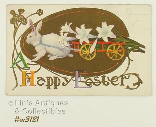 Vintage Easter Postcard Bunny Cart and Lilies Postmark 1923