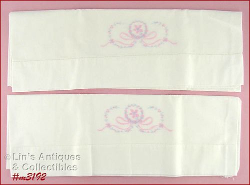 Vintage Pink and Blue Embroidered Pillowcase Pair
