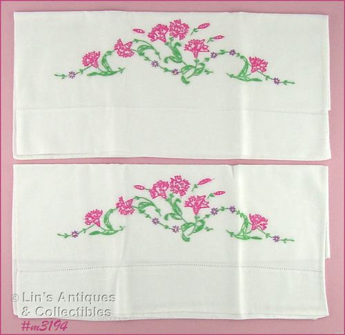 Vintage Pink Carnations Embroidered Pillowcases