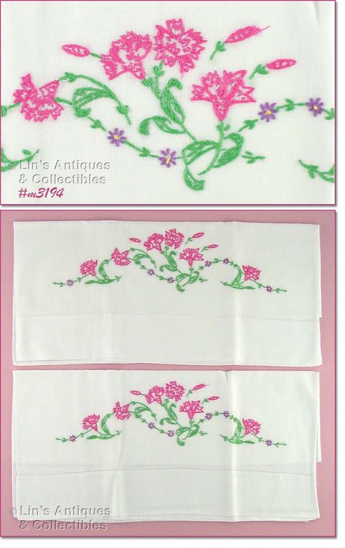 Vintage Pink Carnations Embroidered Pillowcases