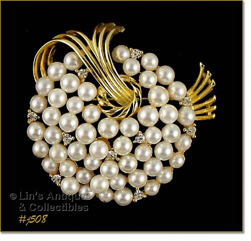 LISNER RHINESTONE AND FAUX PEARL VINTAGE BROOCH PIN