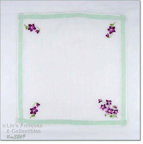 EMBROIDERED PURPLE VIOLETS VINTAGE HANKY HANDKERCHIEF