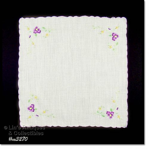 EMBROIDERED PURPLE VIOLETS VINTAGE HANKY HANDKERCHIEF