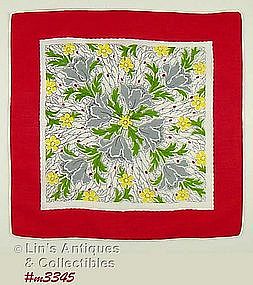 HANDKERCHIEF WITH GRAY POPPIES AND RED BORDER