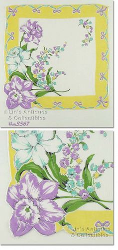 Purple and White Daffodils Vintage Hanky