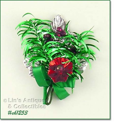 VINTAGE CHRISTMAS CORSAGE WITH SILVER LEAF GLASS BEADS AND MORE