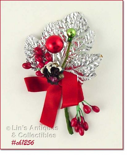 VINTAGE CHRISTMAS CORSAGE WITH SILVER LEAF HOLLY BERRIES RED RIBBON