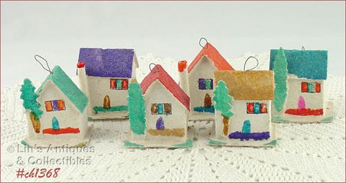 Lot of 6 Putz House Shape Ornaments