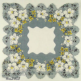 GRAY WITH WHITE FLOWERS SCALLOPED HEM HANKY