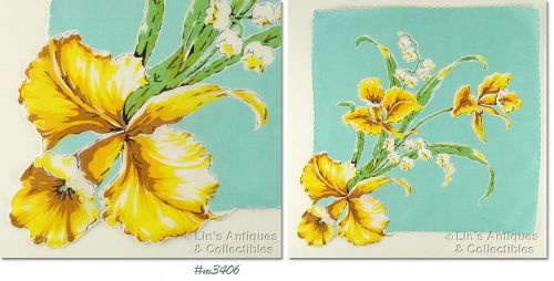 LARGE YELLOW ORCHIDS WITH LILY OF THE VALLEY VINTAGE HANDKERCHIEF