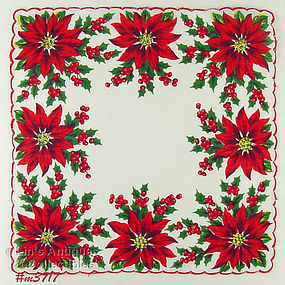 DARK RED POINSETTIAS CHRISTMAS HANDKERCHIEF