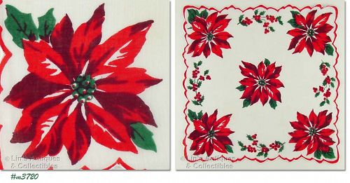 Vintage Dark Red Poinsettias Christmas Hanky