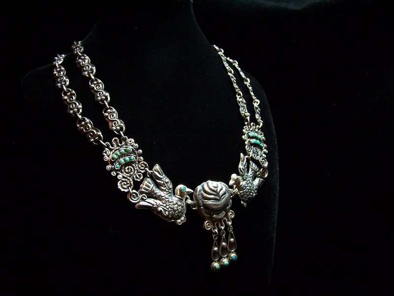 Matl Salas Mexican Silver Palomas Rosas Necklace