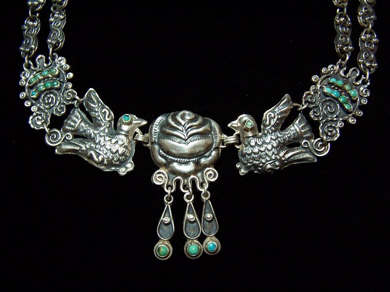 Matl Salas Mexican Silver Palomas Rosas Necklace
