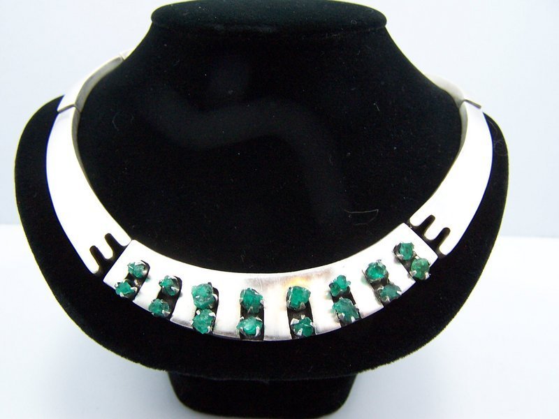 Salvador Teran Vintage Mexican Silver Emerald Necklace