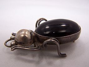 Obsidian Vintage Mexican Silver Beetle Bug Brooch/Pin