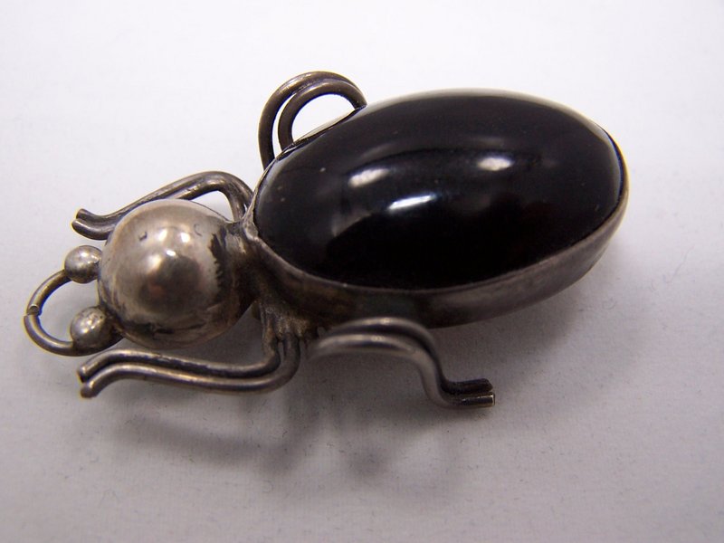 Obsidian Vintage Mexican Silver Beetle Bug Brooch/Pin