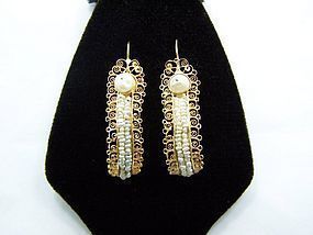 Mexican Gold And Pearl Huge Gusanos Filigree Earrings