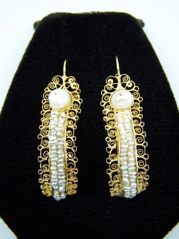 Mexican Gold And Pearl Huge Gusanos Filigree Earrings