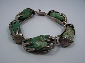Vintage Mexican Silver Turquoise Hands Bracelet