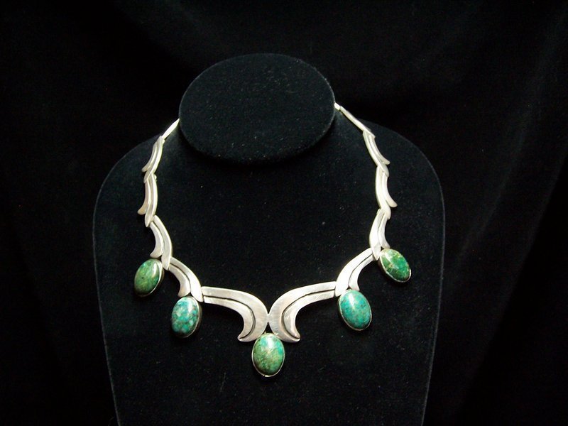 Los Ballesteros Mexican Silver Green and Blue Necklace
