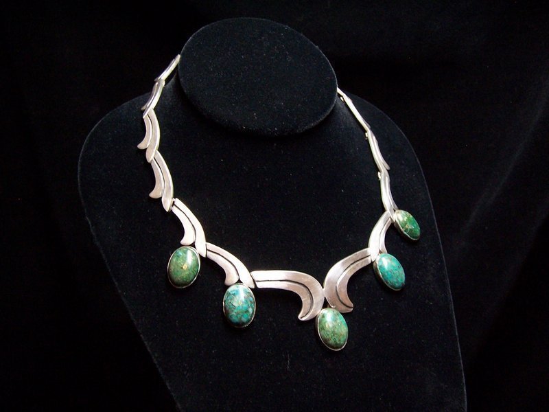 Los Ballesteros Mexican Silver Green and Blue Necklace