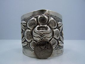 Roses Sanborns  Repousse Mexican Vintage Silver Cuff