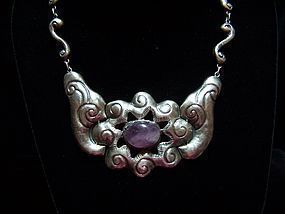 Mexico City Repousse Mexican Silver Amethyst Necklace