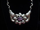Mexico City Repousse Mexican Silver Amethyst Necklace
