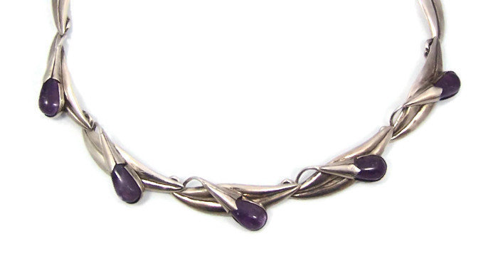 Amethyst Flower and Leaf Mexican Silver Necklace