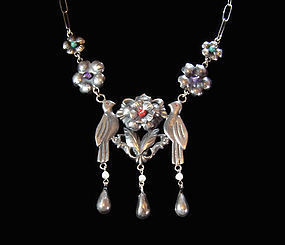 Folkloric Birds Vintage Mexican Silver Necklace