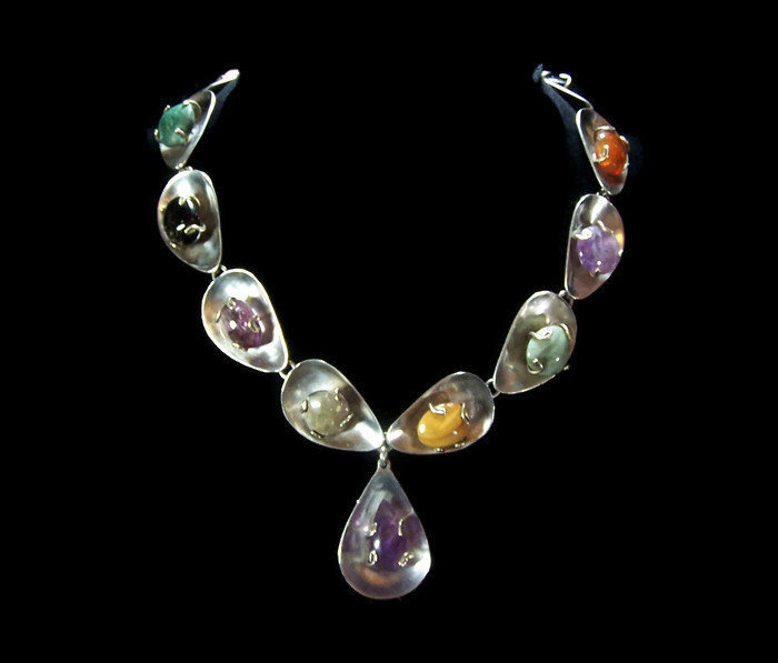 Vintage Multi Gem Stone Rare Mexican Silver Necklace