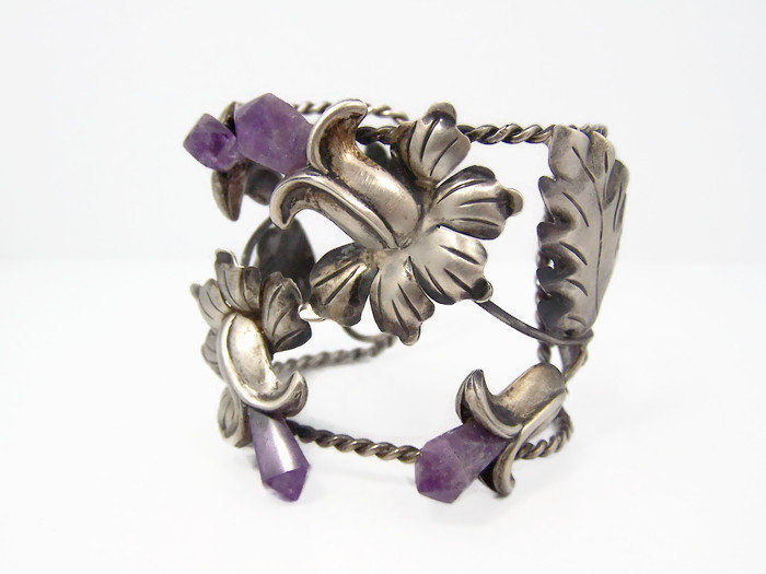 Amethyst Vintage Mexican Silver Floral Cuff / Bracelet