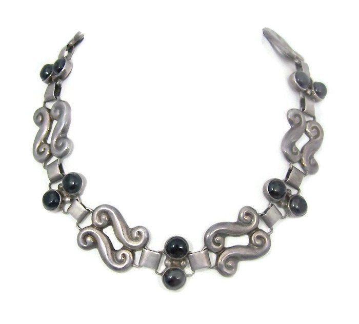 Onyx Swirl Vintage Mexican Silver Necklace